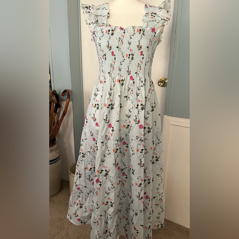 Hill House Pale Blue Floral Maxi Dress with Pink & Green Accents